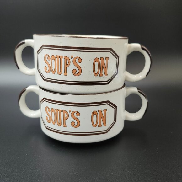 Vintage Pair Speckled Ceramic Soup Bowls Dual Handle - Picture 1 of 5